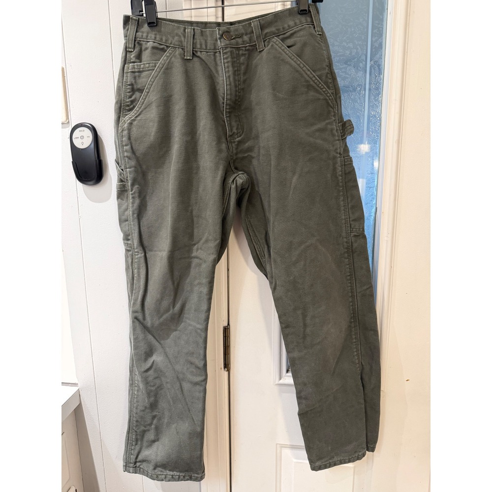 Carhartt Flannel Lined Carpenter Pants Olive Green Canvas 30x30 Utility Workwear